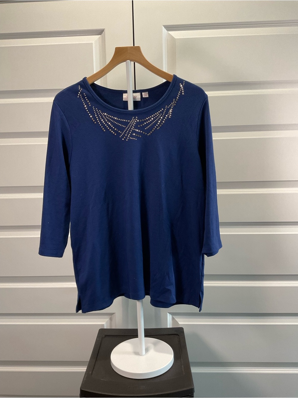 Quacker Factory Navy Blue Rhinestone Scoop Neck Long Sleeve Tee